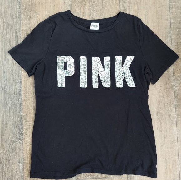 PINK Victoria's Secret Tops - PINK Victoria's Secret Black Short Sleeve Shirt with Silver Sequins M